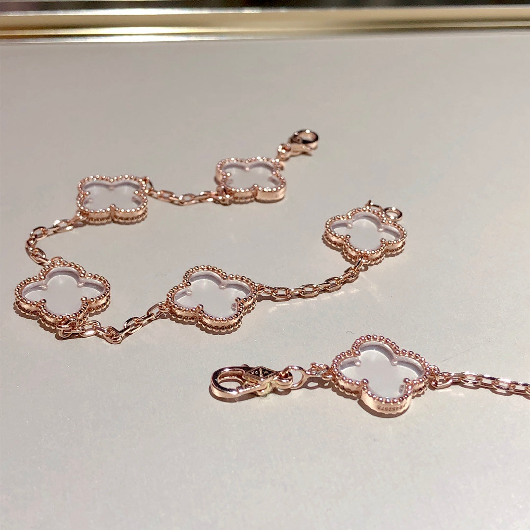 [Mystic Crown]CLOVER 5 MOTIF ROCK CRYSTAL PINK GOLD BRACELET