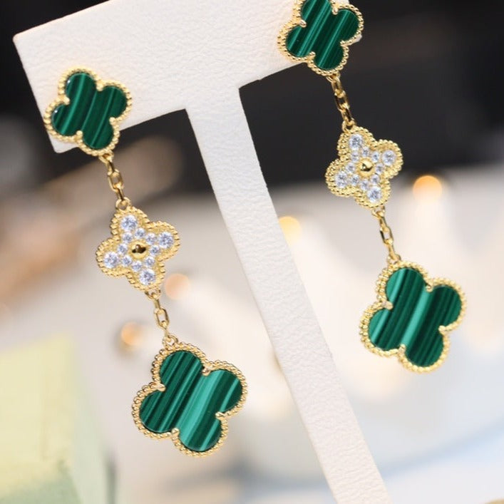 [Mystic Crown]CLOVER EARRINGS GOLD MALACHITE DIAMOND 3 MOTIF