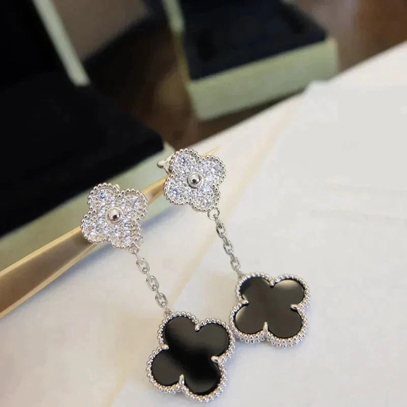 [Mystic Crown]CLOVER 2 MOTIFS  DIAMOND ONYX EARRINGS SILVER