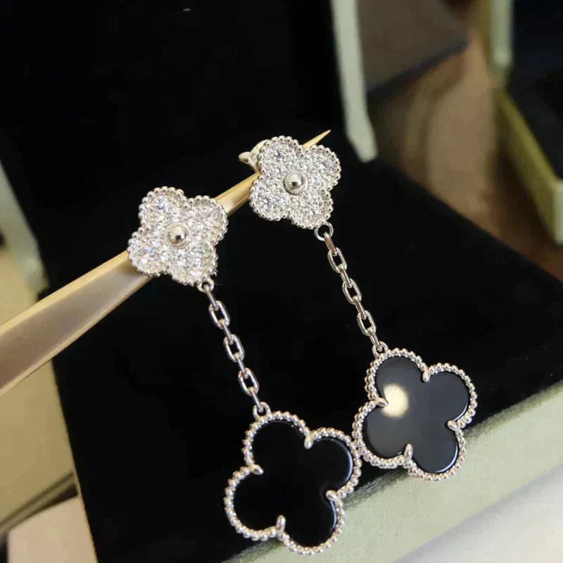 [Mystic Crown]CLOVER 2 MOTIFS  DIAMOND ONYX EARRINGS SILVER