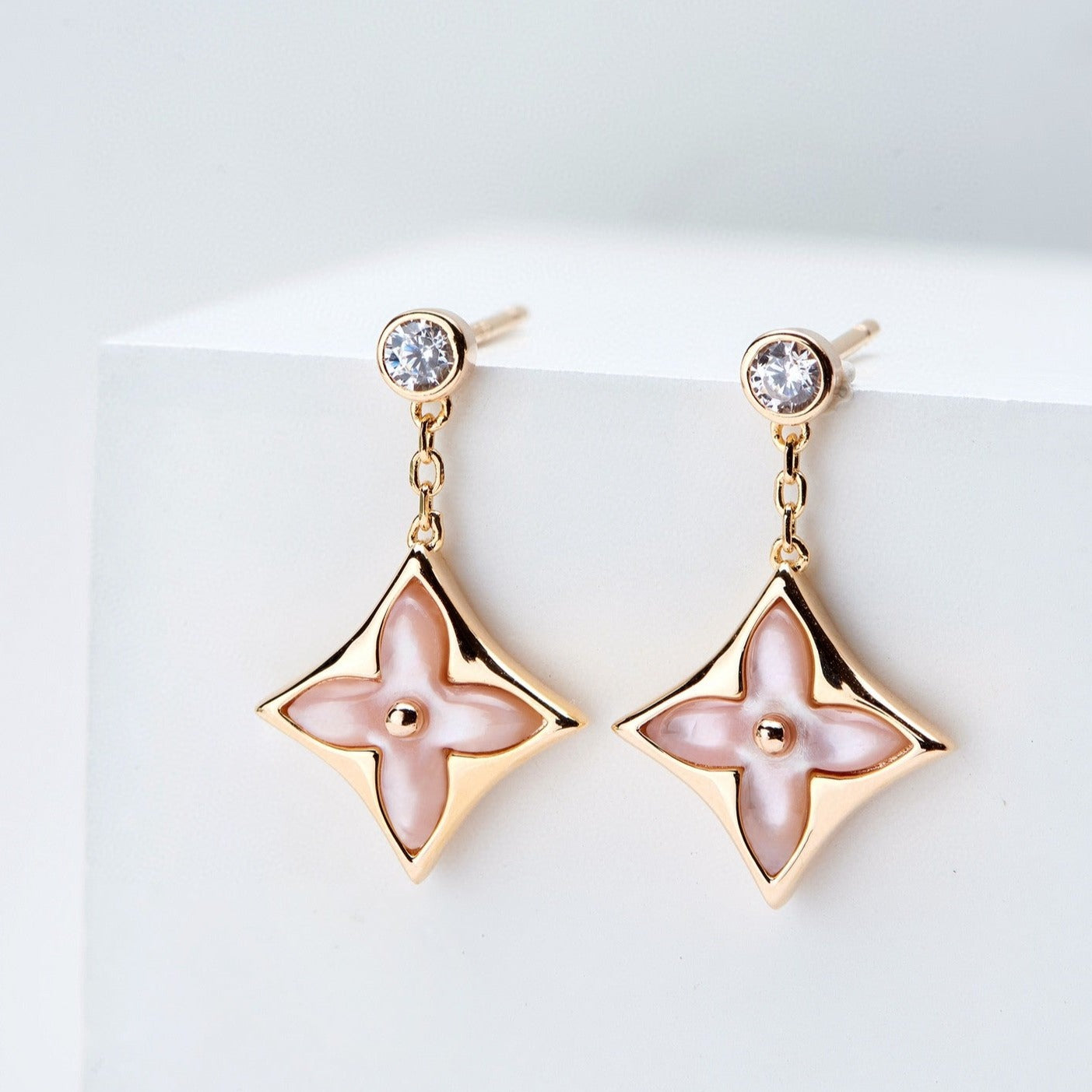 [Mystic Crown]DOUBLE STAR PINK GOLD MOP DROP EARRINGS