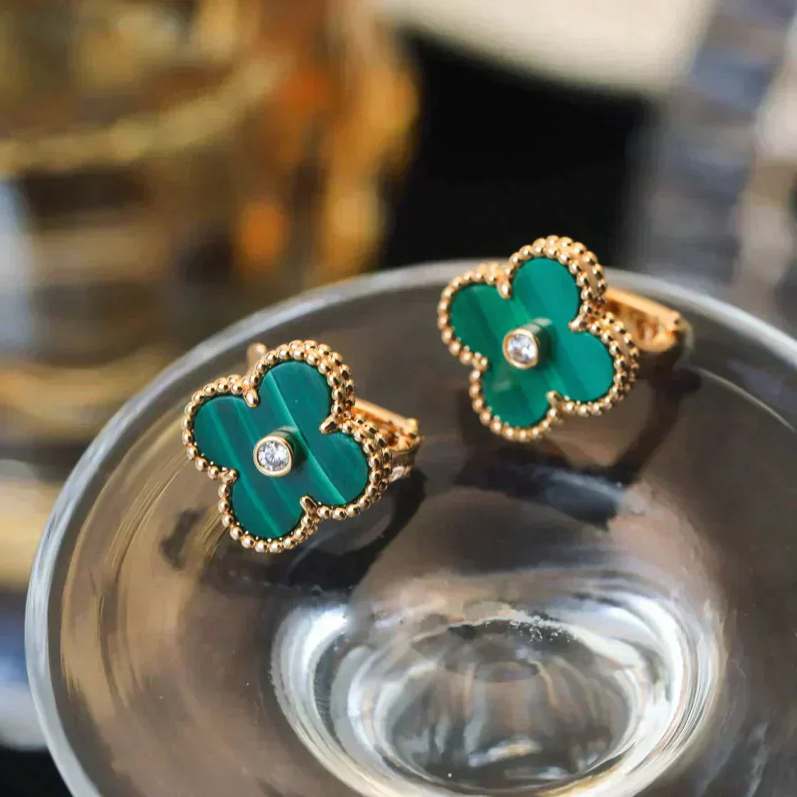 [Mystic Crown]CLOVER MEDIUM 1 MOTIFS MALACHITE DIAMOND EARRINGS