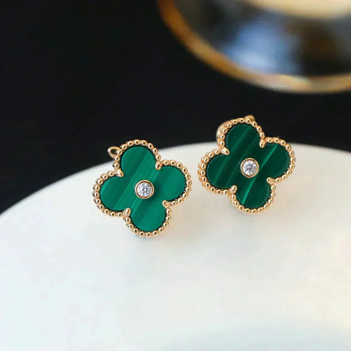 [Mystic Crown]CLOVER MEDIUM 1 MOTIFS MALACHITE DIAMOND EARRINGS