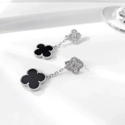 [Mystic Crown]CLOVER 2 MOTIFS  DIAMOND ONYX EARRINGS SILVER