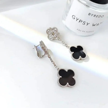 [Mystic Crown]CLOVER 2 MOTIFS  DIAMOND ONYX EARRINGS SILVER