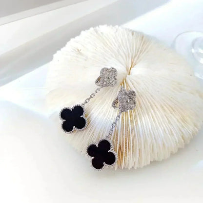 [Mystic Crown]CLOVER 2 MOTIFS  DIAMOND ONYX EARRINGS SILVER