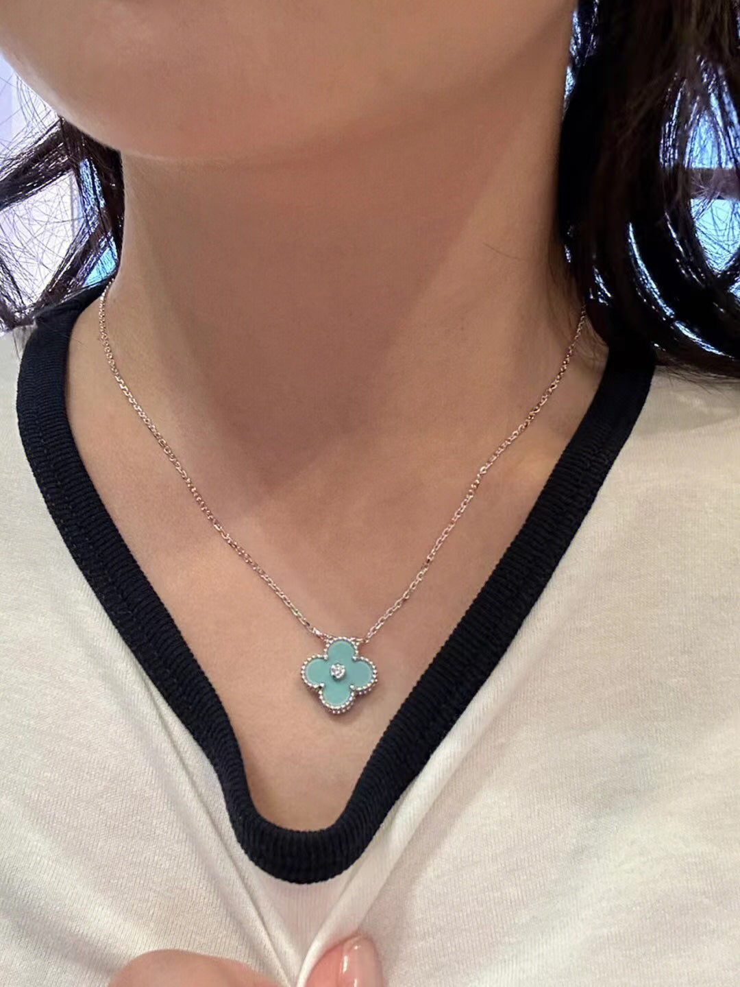 [Mystic Crown]CLOVER 1 DIAMOND LIGHT BLUE SILVER NECKLACE