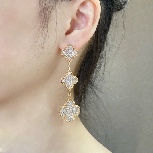 [Mystic Crown]CLOVER 3 MOTIFS DIAMOND PAVED ROSE GOLD EARRINGS
