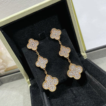 [Mystic Crown]CLOVER 3 MOTIFS DIAMOND PAVED ROSE GOLD EARRINGS