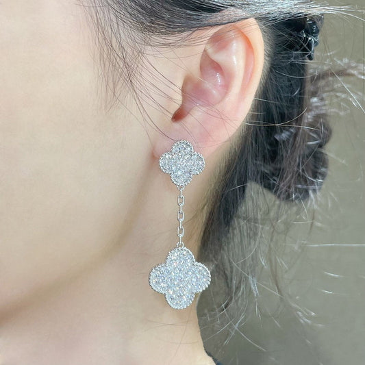 [Mystic Crown]CLOVER 2 MOTIFS DIAMOND PAVED SILVER EARRINGS
