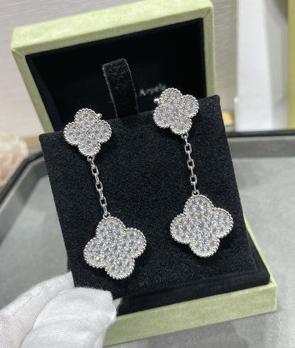 [Mystic Crown]CLOVER 2 MOTIFS DIAMOND PAVED SILVER EARRINGS