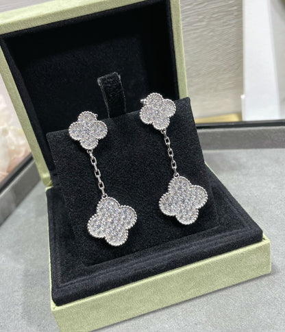 [Mystic Crown]CLOVER 2 MOTIFS DIAMOND PAVED SILVER EARRINGS