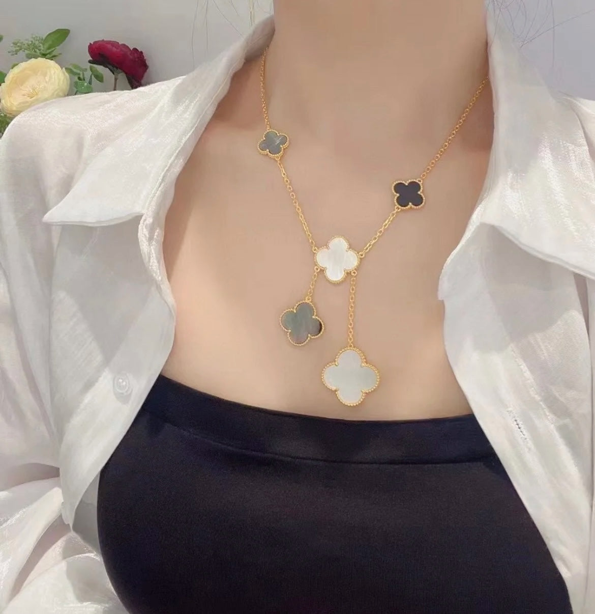 [Mystic Crown]CLOVER 6 MOTIF MOP ONYX GOLD NECKLACE