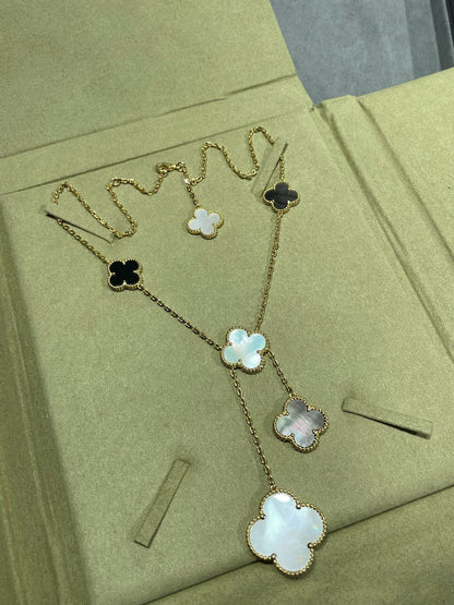 [Mystic Crown]CLOVER 6 MOTIF MOP ONYX GOLD NECKLACE