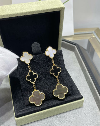 [Mystic Crown]CLOVER 3 MOTIF MOP ONYX DARK MOP PINK GOLD EARRINGS