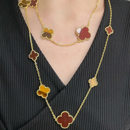 [Mystic Crown]CLOVER 16 MOTIF CARNELIAN TIGER EYE ROSE GOLD NECKLACE
