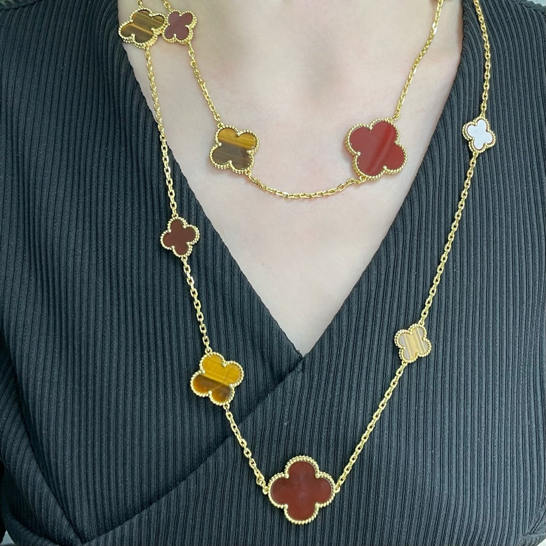 [Mystic Crown]CLOVER 16 MOTIF CARNELIAN TIGER EYE ROSE GOLD NECKLACE