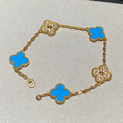 [Mystic Crown]CLOVER 5 MOTIF BLUE CHALCEDONY DIAMOND GOLD BRACELET