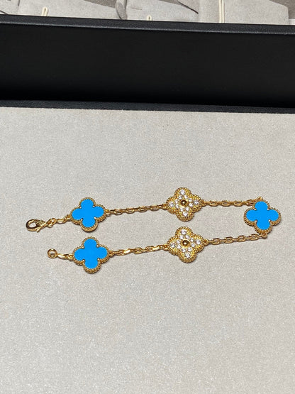 [Mystic Crown]CLOVER 5 MOTIF BLUE CHALCEDONY DIAMOND GOLD BRACELET