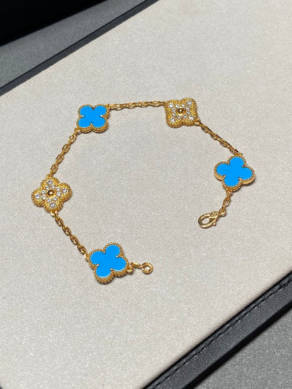 [Mystic Crown]CLOVER 5 MOTIF BLUE CHALCEDONY DIAMOND GOLD BRACELET