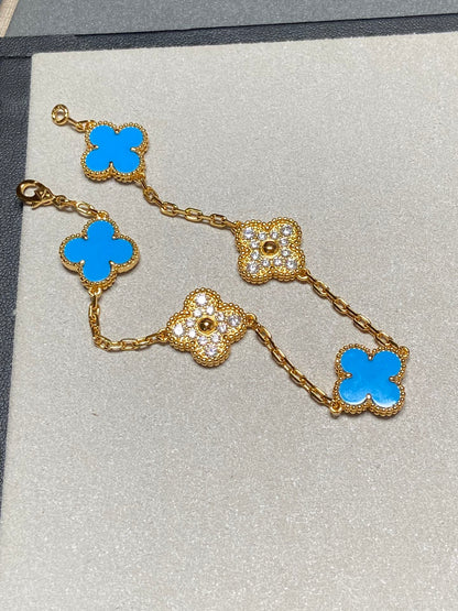 [Mystic Crown]CLOVER 5 MOTIF BLUE CHALCEDONY DIAMOND GOLD BRACELET