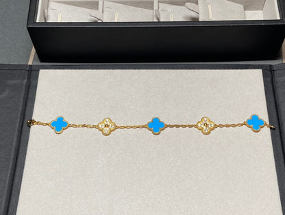 [Mystic Crown]CLOVER 5 MOTIF BLUE CHALCEDONY DIAMOND GOLD BRACELET