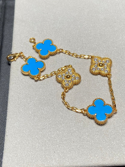 [Mystic Crown]CLOVER 5 MOTIF BLUE CHALCEDONY DIAMOND GOLD BRACELET