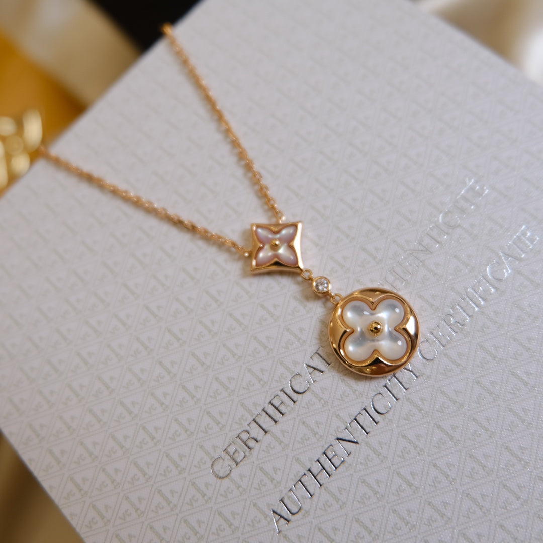 [Mystic Crown]STAR AND SUN WHITE MOP 2 MOTIF PINK GOLD NECKLACE