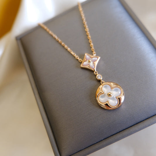 [Mystic Crown]STAR AND SUN WHITE MOP 2 MOTIF PINK GOLD NECKLACE