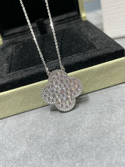 [Mystic Crown]CLOVER 25MM LARGE PENDANT DIAMOND PAVED SILVER NECKLACE