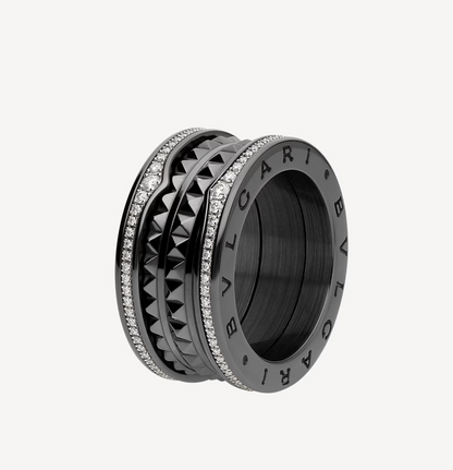[Mystic Crown]ZERO 1 ROCK FOUR-BAND BLACK CERAMIC WITH STUDDED SPIRAL AND PAVED DIAMONDS RING