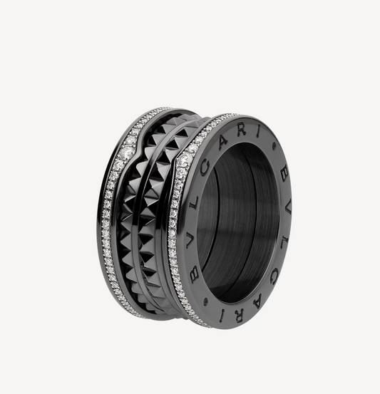 [Mystic Crown]ZERO 1 ROCK FOUR-BAND BLACK CERAMIC WITH STUDDED SPIRAL AND PAVED DIAMONDS RING