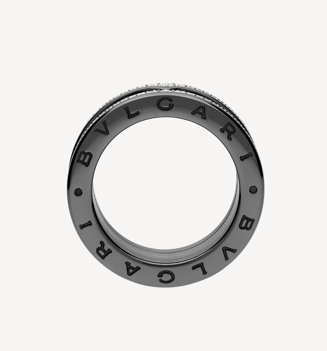 [Mystic Crown]ZERO 1 ROCK FOUR-BAND BLACK CERAMIC WITH STUDDED SPIRAL AND PAVED DIAMONDS RING
