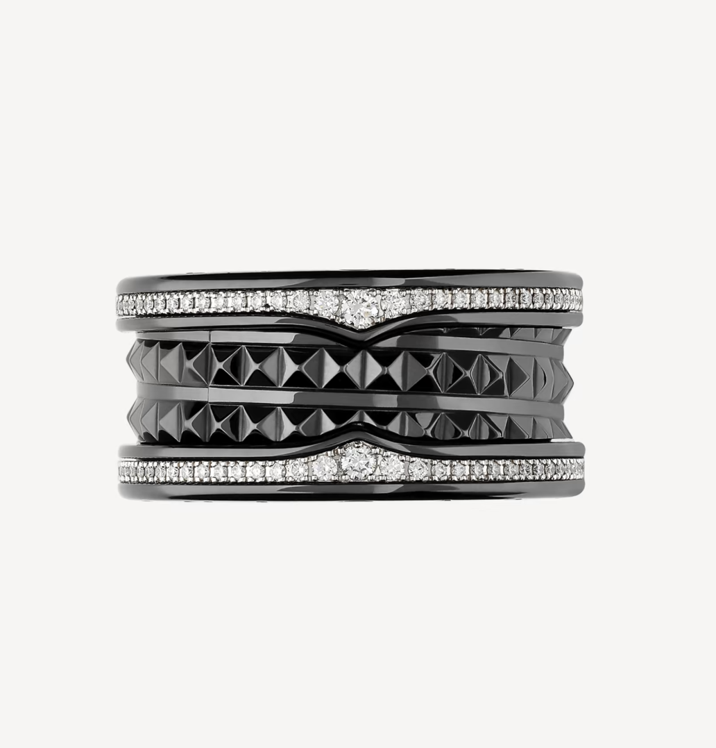 [Mystic Crown]ZERO 1 ROCK FOUR-BAND BLACK CERAMIC WITH STUDDED SPIRAL AND PAVED DIAMONDS RING