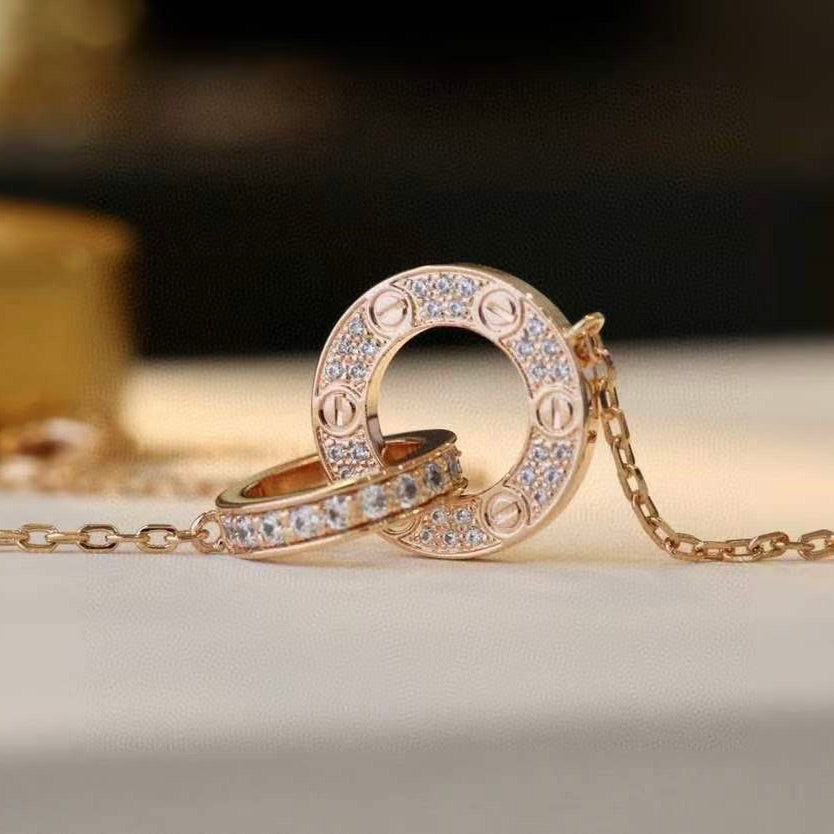 [Mystic Crown]LOVE 7.6MM NECKLACE ROSE GOLD AND SILVER  FULL DIAMOND
