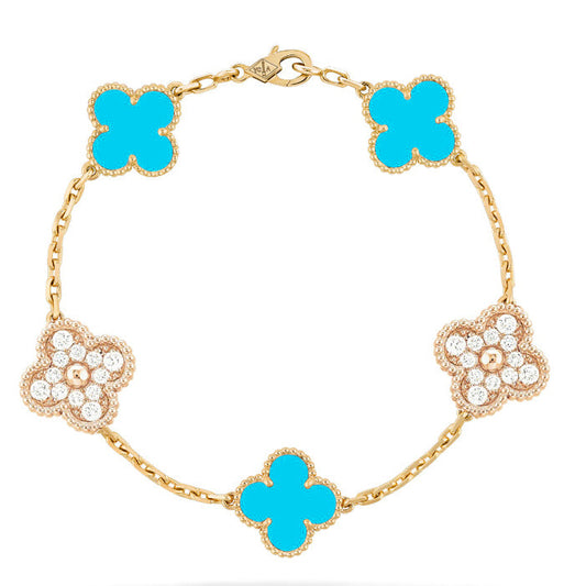 [Mystic Crown]CLOVER 5 MOTIF TURQUOISE DIAMOND GOLD BRACELET