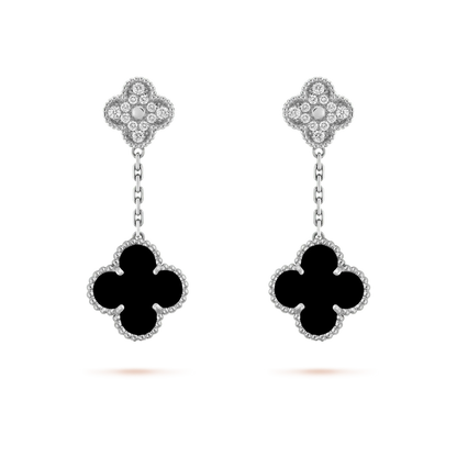 [Mystic Crown]CLOVER 2 MOTIFS  DIAMOND ONYX EARRINGS SILVER