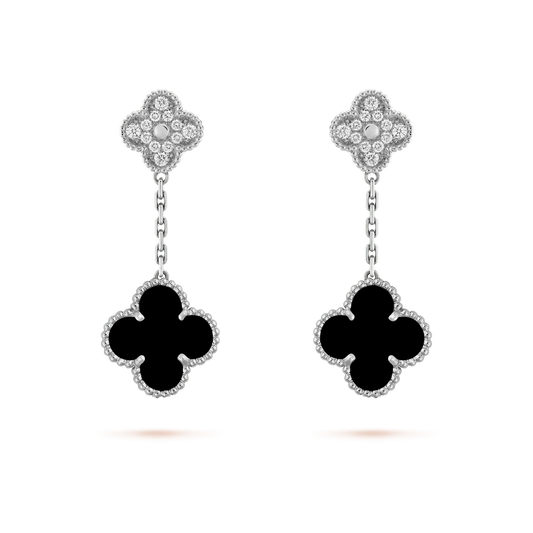 [Mystic Crown]CLOVER 2 MOTIFS  DIAMOND ONYX EARRINGS SILVER