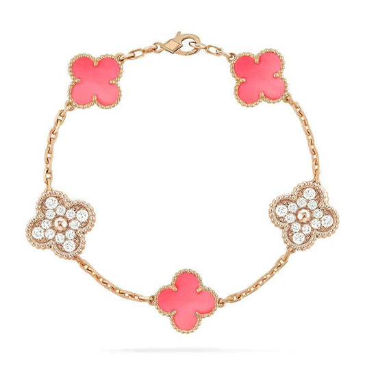 [Mystic Crown]CLOVER 5 MOTIF DIAMOND PINK MOP PINK GOLD BRACELET