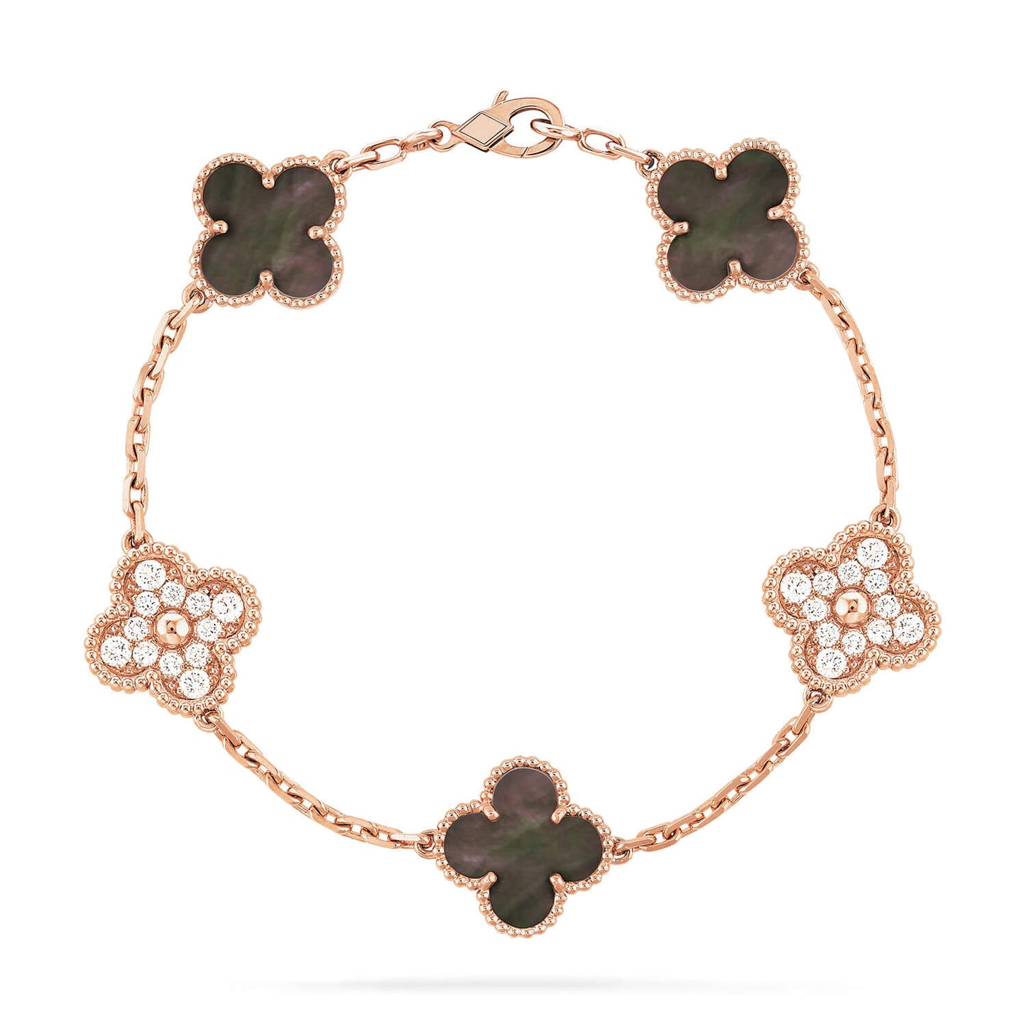 [Mystic Crown]CLOVER 5 MOTIFS DARK MOP AND DIAMONDS PINK GOLD BRACELET