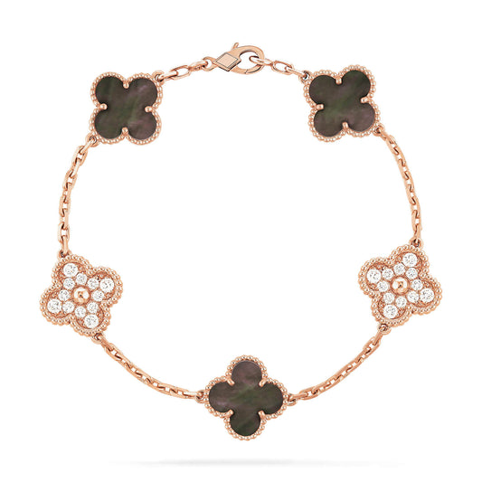 [Mystic Crown]CLOVER 5 MOTIFS DARK MOP AND DIAMONDS PINK GOLD BRACELET