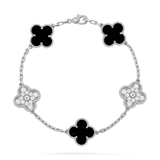 [Mystic Crown]CLOVER 5 MOTIF ONYXS DIAMOND BRACELET SILVER