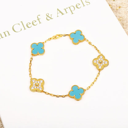 [Mystic Crown]CLOVER 5 MOTIF TURQUOISE DIAMOND GOLD BRACELET