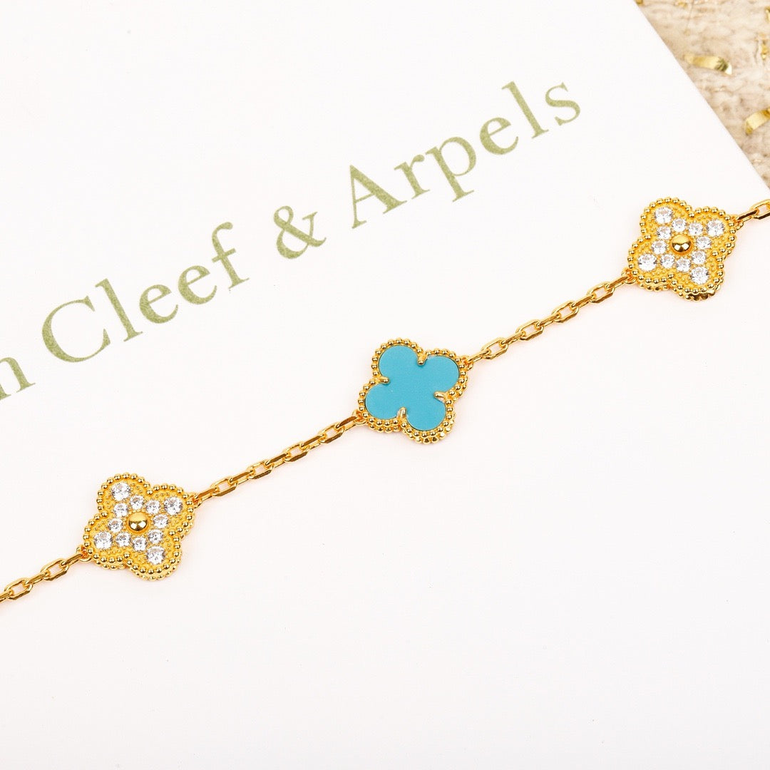[Mystic Crown]CLOVER 5 MOTIF TURQUOISE DIAMOND GOLD BRACELET