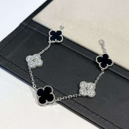 [Mystic Crown]CLOVER 5 MOTIF ONYXS DIAMOND BRACELET SILVER