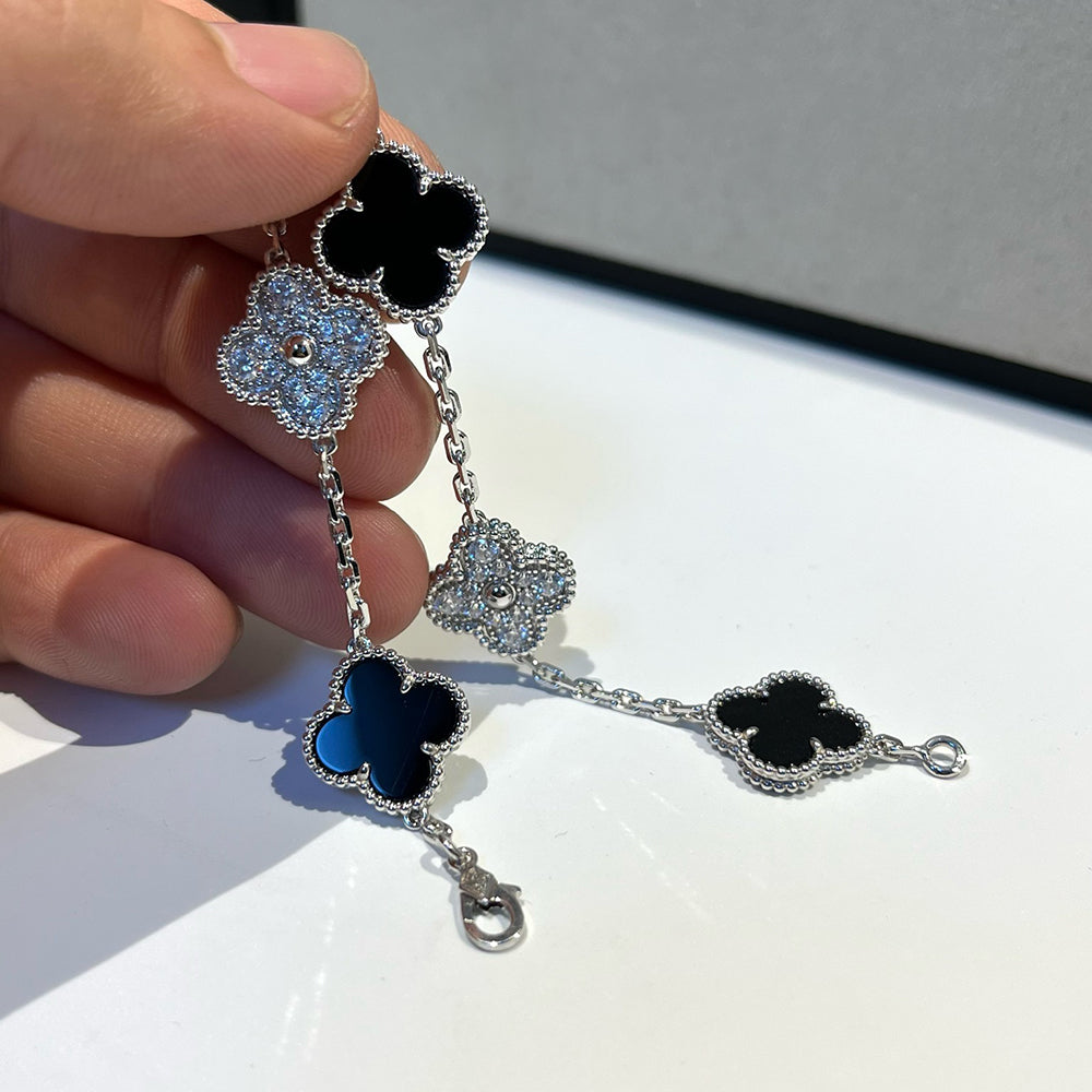 [Mystic Crown]CLOVER 5 MOTIF ONYXS DIAMOND BRACELET SILVER