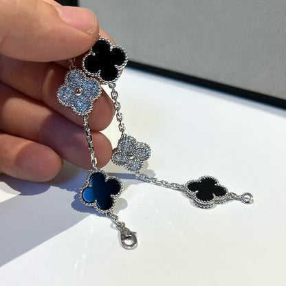 [Mystic Crown]CLOVER 5 MOTIF ONYXS DIAMOND BRACELET SILVER
