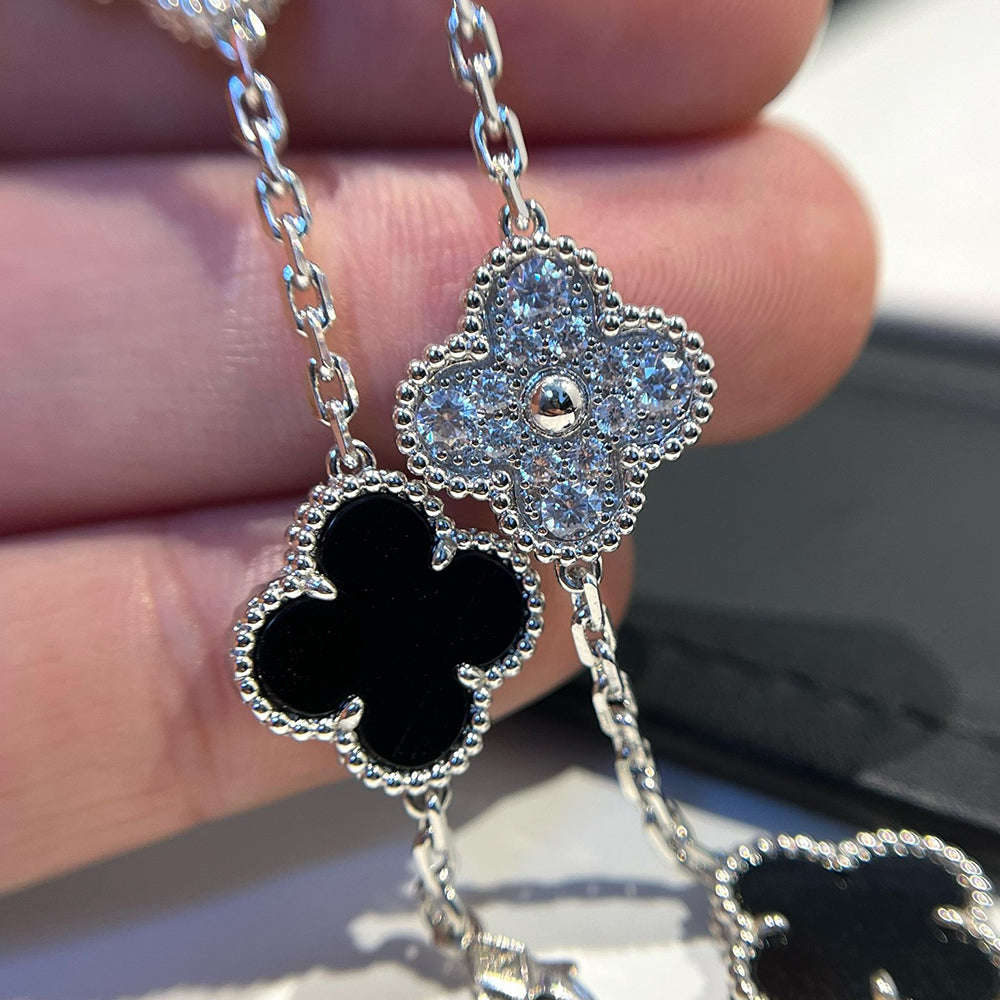 [Mystic Crown]CLOVER 5 MOTIF ONYXS DIAMOND BRACELET SILVER