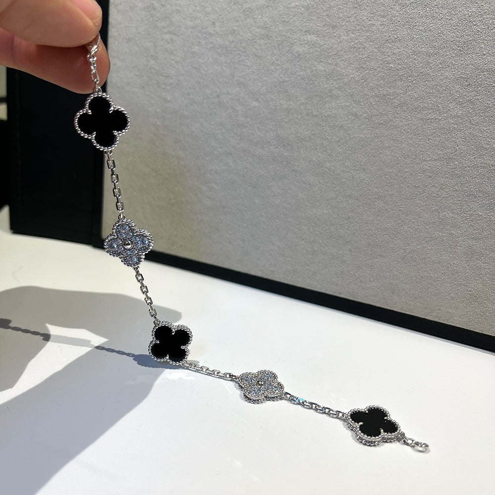 [Mystic Crown]CLOVER 5 MOTIF ONYXS DIAMOND BRACELET SILVER