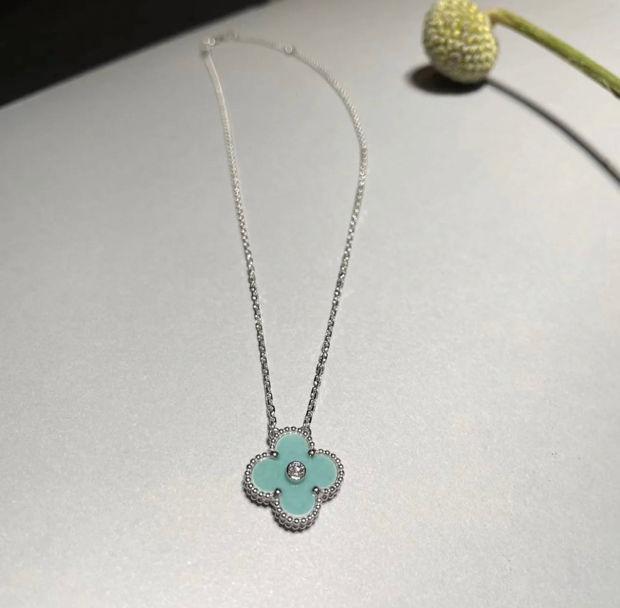 [Mystic Crown]CLOVER 1 DIAMOND LIGHT BLUE SILVER NECKLACE